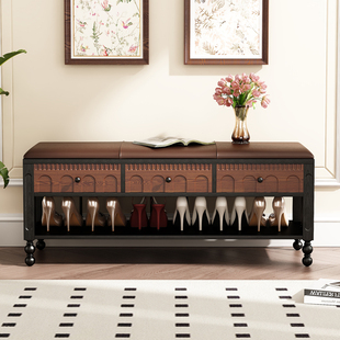 克兰迪中古真皮换鞋 凳 凳带抽屉储物家用入户门口轻奢风实木穿鞋