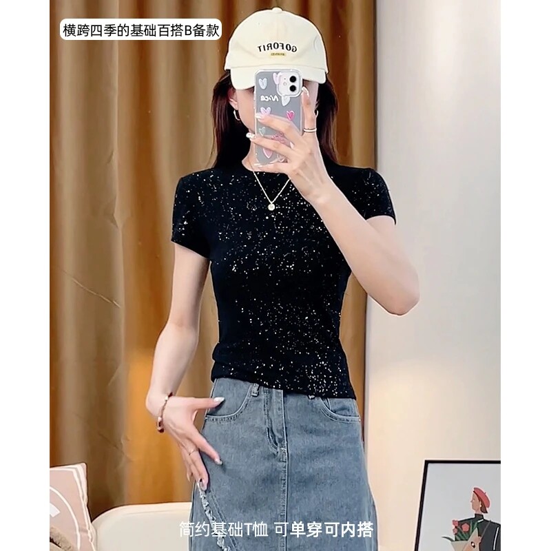 夏季黑色短袖正肩T恤满天星镶钻