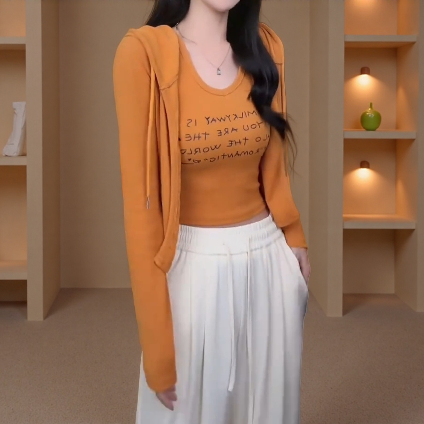 螺纹棉春秋季外套+背心秋装短款戴帽两件套印花时尚修身T恤女长袖
