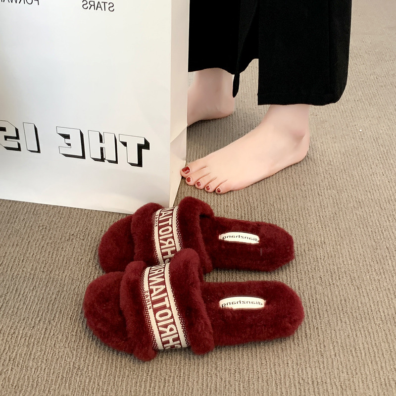 红色贵妇居家拖鞋小香风名媛毛毛半拖室内外出平底字母棉拖春秋女,女鞋,毛毛鞋,淘宝优惠券,粉丝福利购,淘宝优惠卷