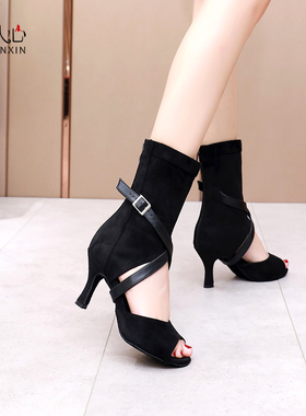 黑色拉丁舞鞋女成人高跟凉靴爵士舞短靴高帮软底交谊舞鞋bachata