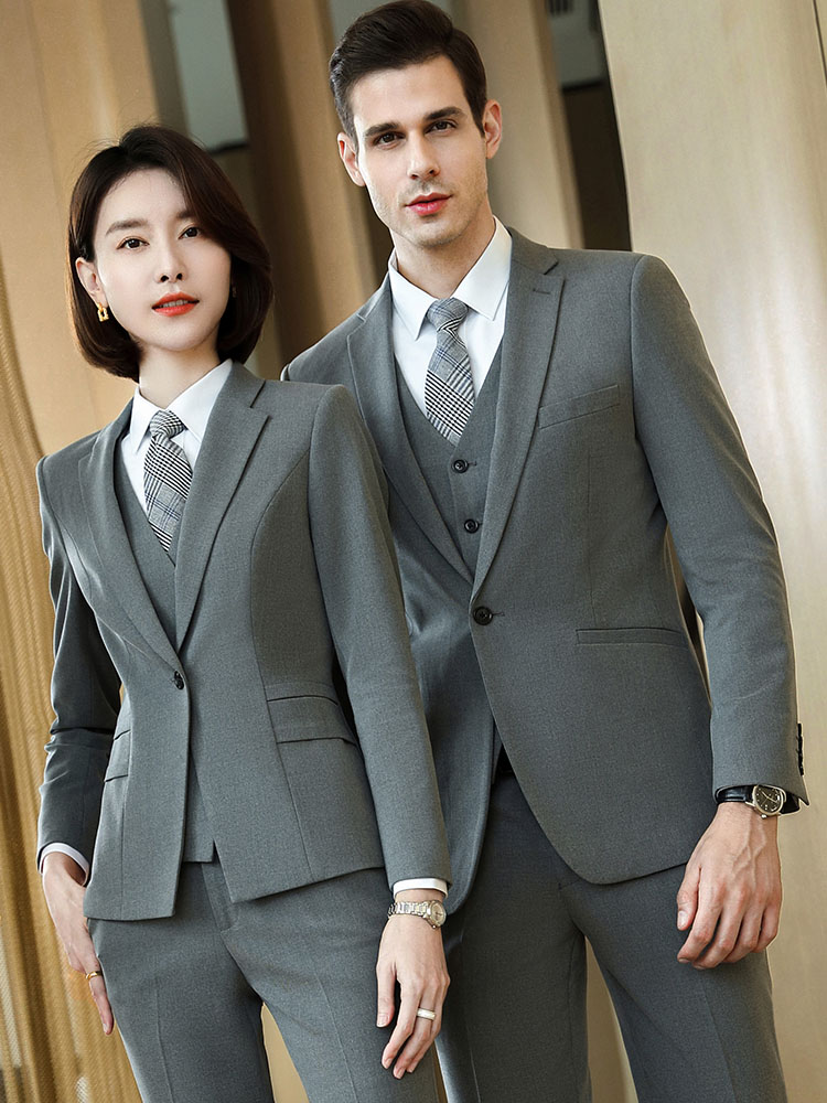 高档正装套装女男秋冬厚灰单扣工装酒店售楼部4S店西装工作服定制