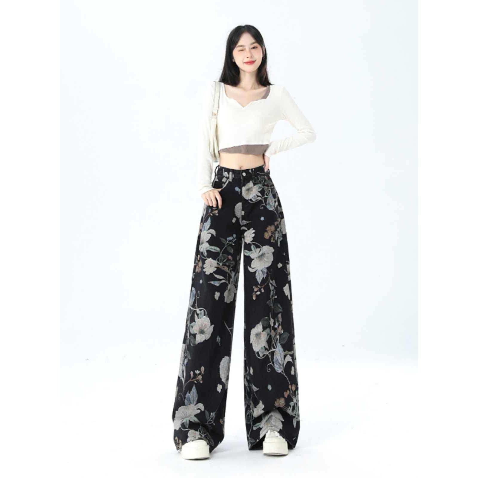 美式街头印花牛仔裤女2025情侣新款春秋季百搭阔腿拖地裤子