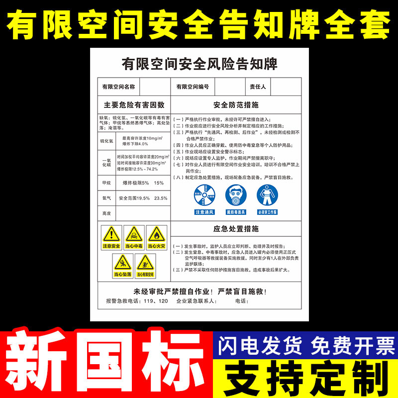 有限空间警示标识牌安全告知牌作业风险告知牌当心受限空间标志牌危险警示告知卡管理制度警示标志牌定制定做