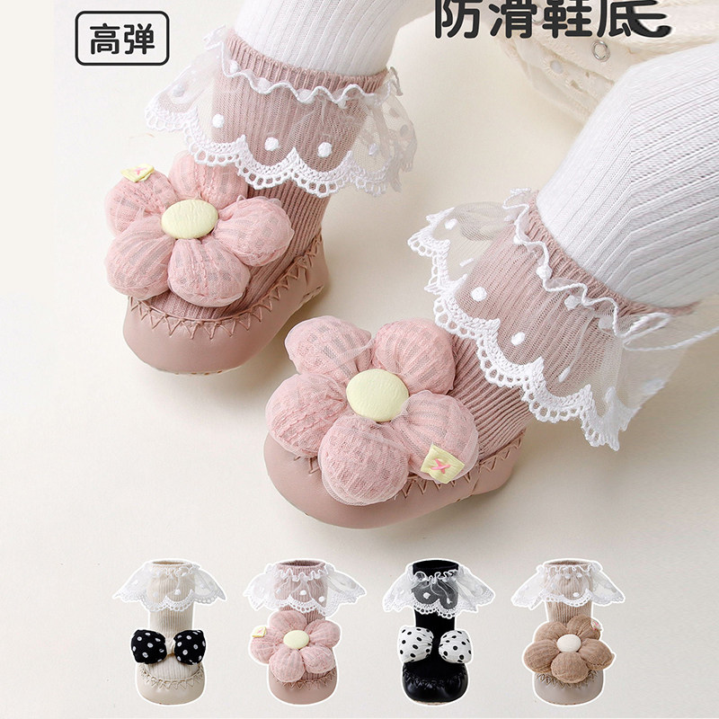 婴儿公主学步袜子鞋春秋宝宝防滑地板鞋袜可爱蕾丝花边花朵皮底鞋