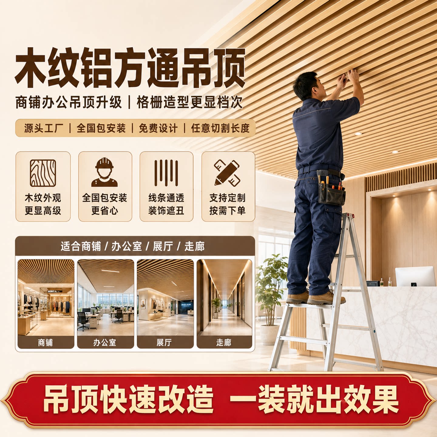木纹铝方通吊顶天花板自装u型槽铁方通办公室扣板长条铝格栅吊顶图片