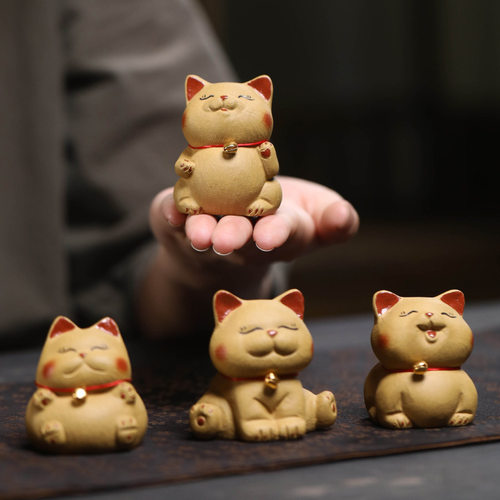 紫砂手工招财猫茶宠摆件