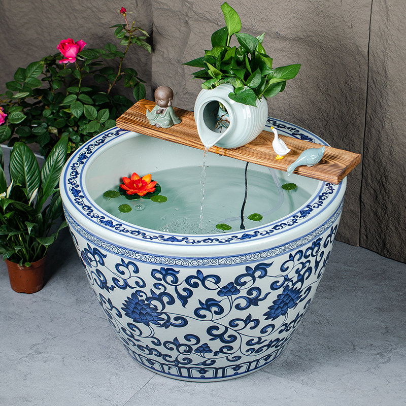 景德镇陶瓷大缸青花古法养鱼缸阳台鱼缸陶罐循环流水造景老式水缸