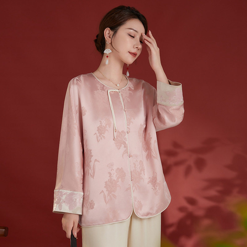 2026原创中式粉色提花减龄上衣外套国风气质新款盘扣圆领休闲开衫,女装/女士精品,短外套,淘宝优惠券,粉丝福利购,淘宝优惠卷
