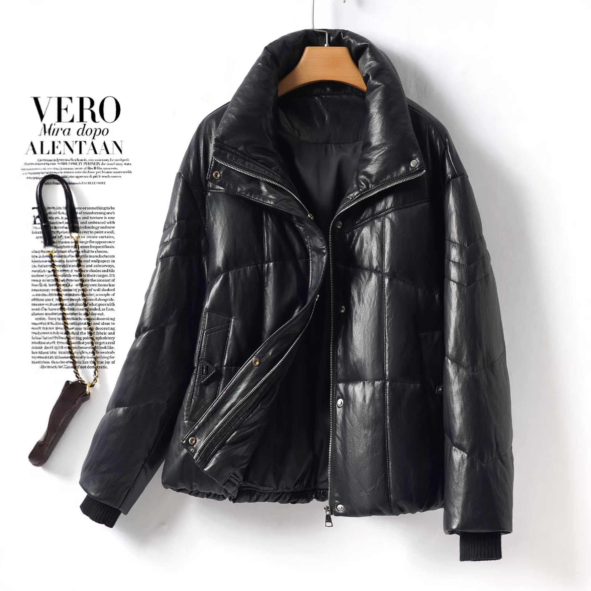 皮衣女真皮外套中长款黑色系带韩版水貂毛领海宁新款绵羊皮羽绒服