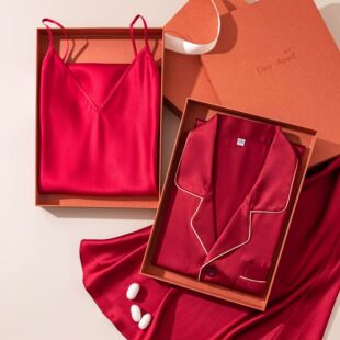 新婚真丝睡衣情侣套装家居服男士睡衣女士吊带睡袍结婚本命年红色
