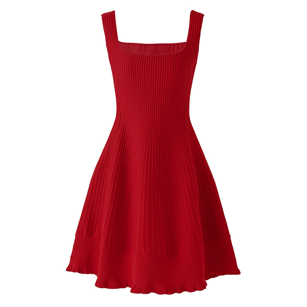 2026春夏新款方领吊带短款坑条优雅女装收腰背心针织连衣裙跨境热