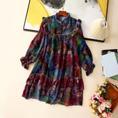 2026深圳森林复古印花刺绣丝棉连衣裙女大码 宽松显瘦百搭气质短裙