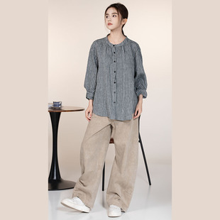 日系宽松立领长袖上衣百搭亚麻条纹衬衫女装文艺宽松休闲新款上衣