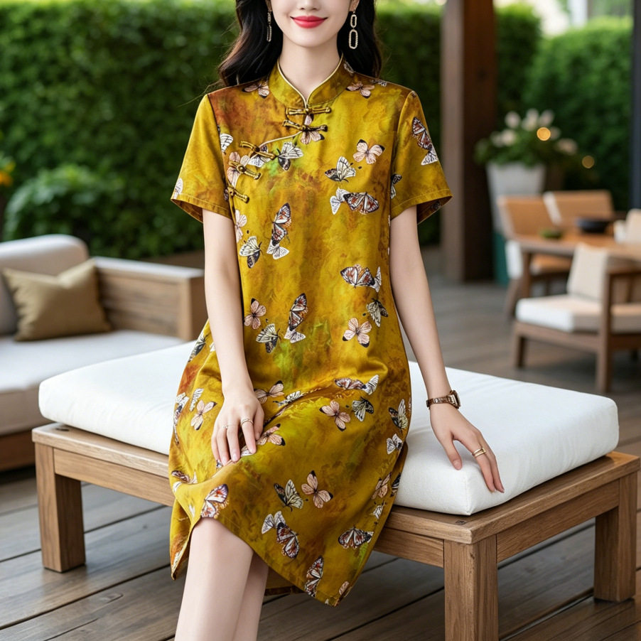高端新中式旗袍裙子金色蝴蝶提花人丝香云纱初夏精致连衣裙气质女