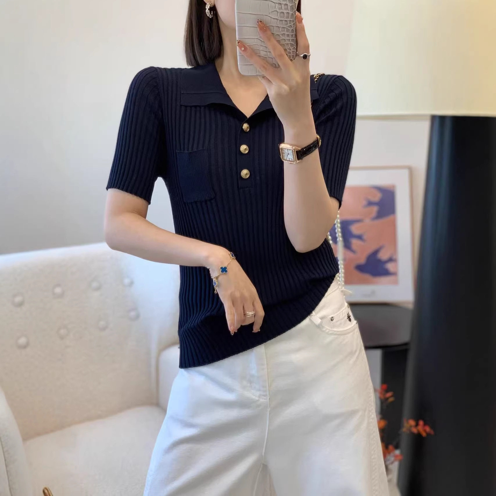 短袖上衣女春款女装2026新款翻领桑蚕丝针织衫打底衫百搭气质t恤