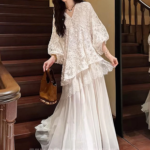 连衣裙新中式 定染绣花蕾丝拼纱灯笼袖 复古流苏裙子气质 镜花月
