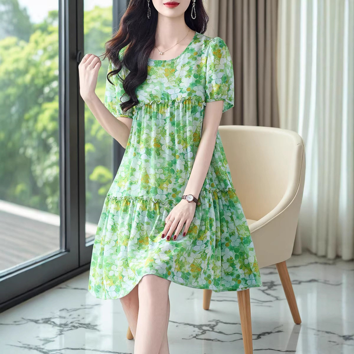 绿色碎花真丝连衣裙女高腰宽松春夏小个子桑蚕丝大码胖mm女装气质