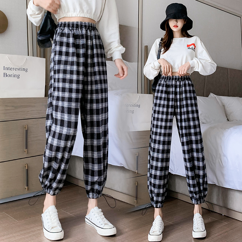 Real shot 2021 spring and summer high waist loose and thin corset casual pants black and white check nine point Harem Pants