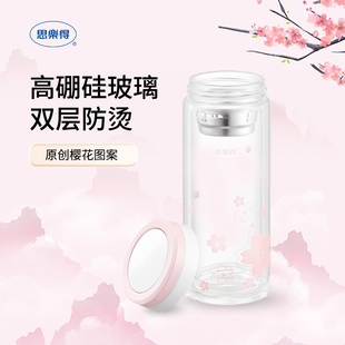 思乐得双层玻璃杯女士樱花水杯简约便携杯子小清新创意茶杯280ZG