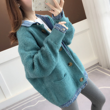 春装 牛仔拼接针织假两件开衫 女宽松慵懒外套女 很仙 毛衣2019新款