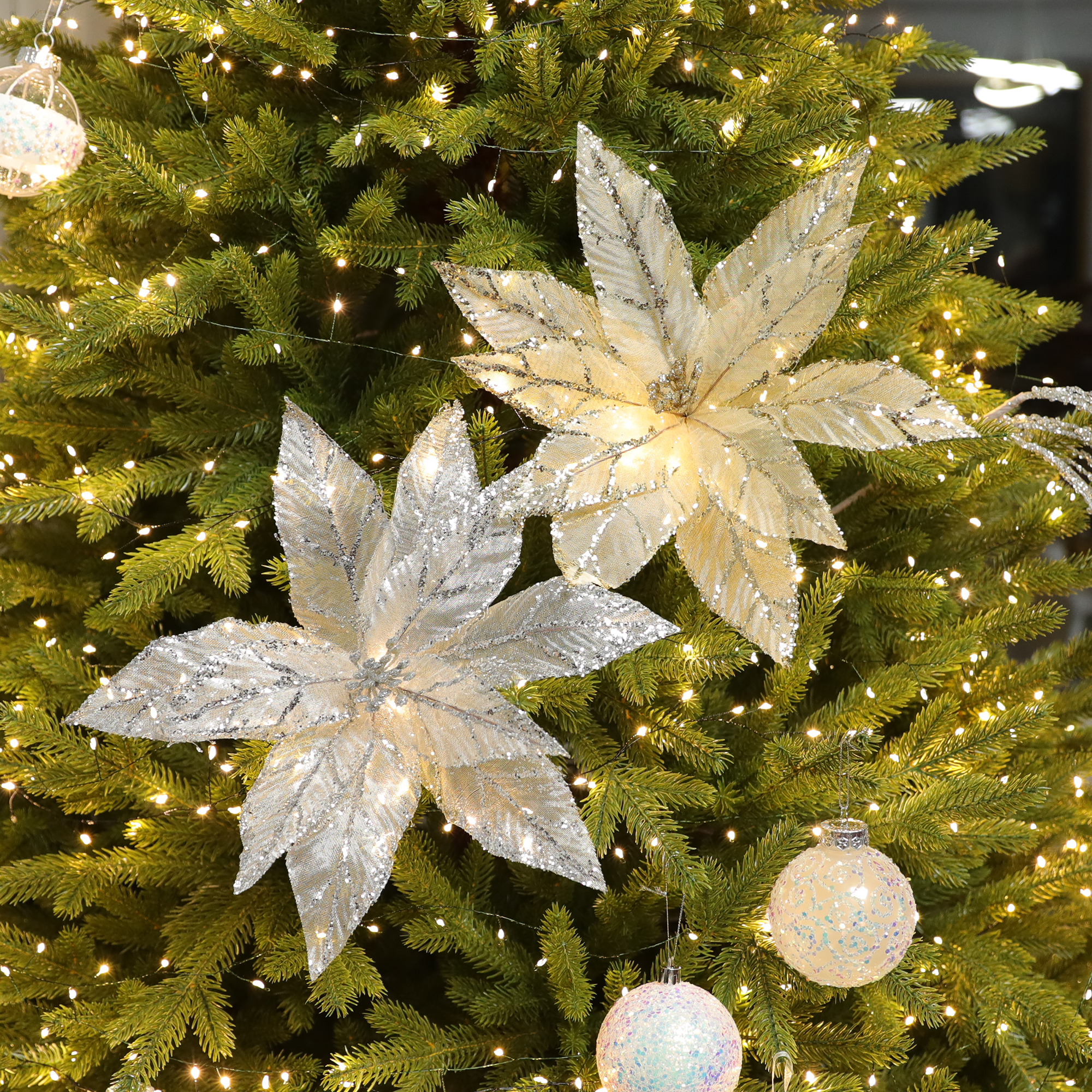 圣诞节装饰品圣诞树挂饰仿真花35cm手工装饰花闪粉带钻饰品装饰