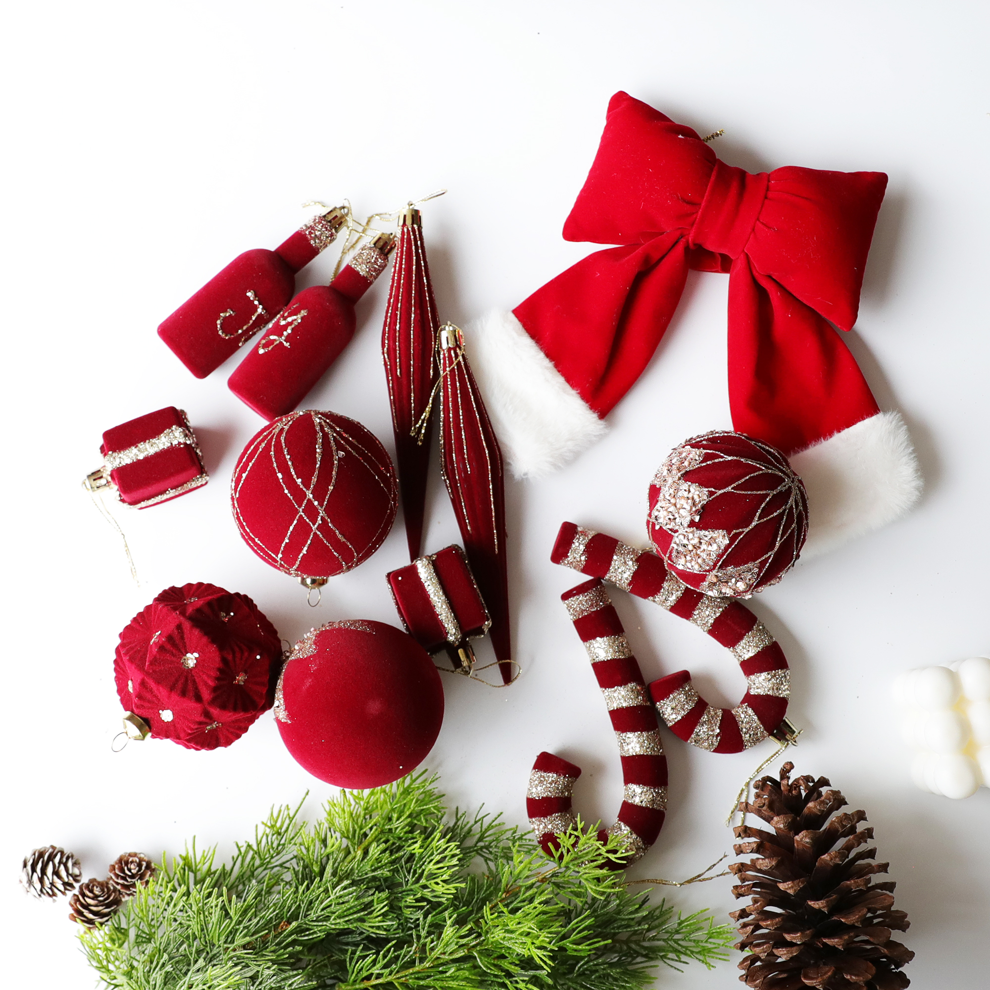 圣诞节装饰品酒红色植绒装饰糖果棍圣诞树挂饰彩绘球吊饰装饰球