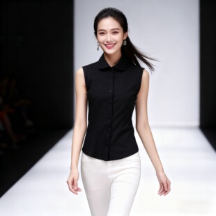 假领装 女POLO领职业通勤打底衫 饰秋冬 衬衫 纯棉轻熟简约风黑色无袖