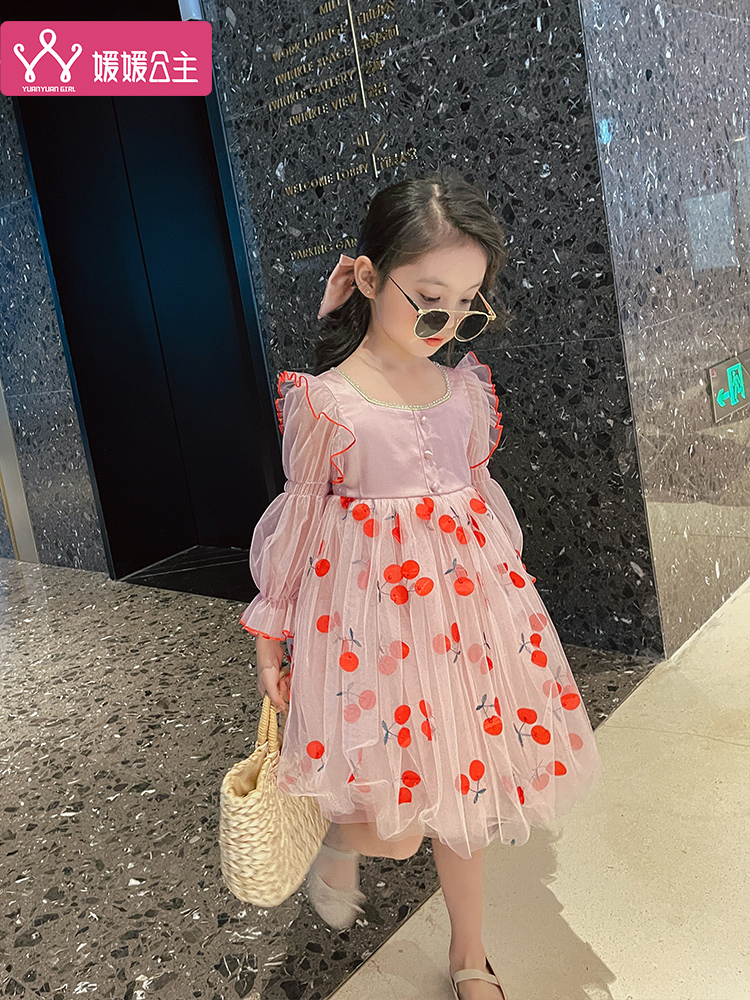 Girls ' dresses spring 2021 new Chinese big children's Foreign school mesh tutu little girl cherry dress tide