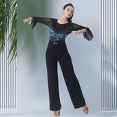 吉特巴春夏新款 舞蹈上衣广场舞拉丁舞摩登舞服 印花拼色镶钻喇叭袖