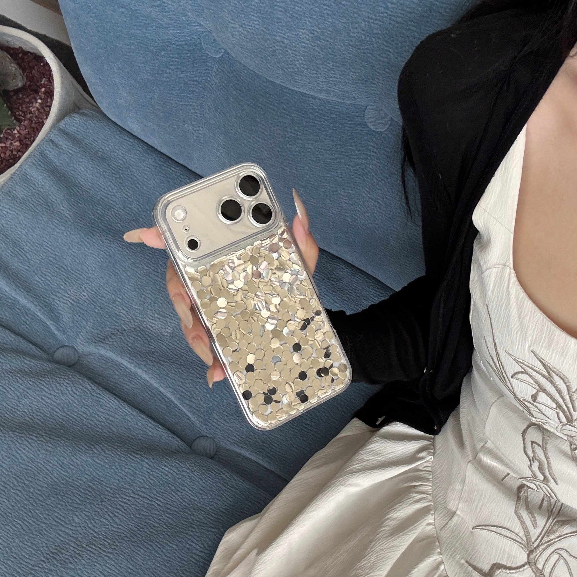 奢华银色亮片 苹果iPhone17ProMax手机壳 原创手工高级感bling超闪滴胶ins风 16/15/14/13/12网红保护套软壳