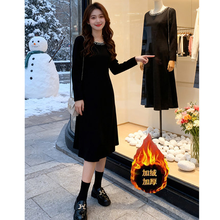 2025冬款法式加绒加厚连衣裙休闲百搭气质打底裙6888