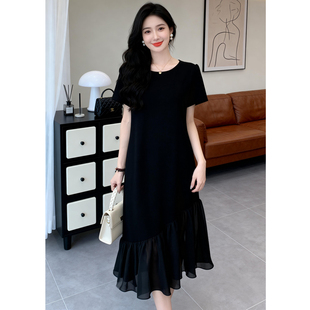 2026新款黑色连衣裙荷叶边设计感小众宽松显瘦遮肉中长裙837