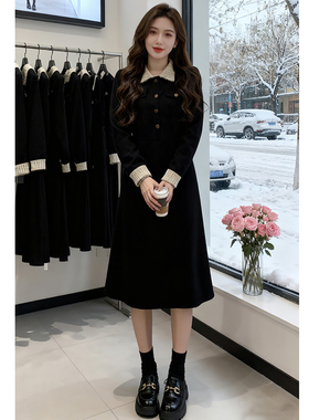 冬款法式时尚连衣裙加绒高级感polo领收腰显瘦A字裙8334