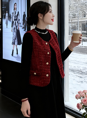 2025冬季名媛小香风毛呢马甲女背心外穿百搭马夹上衣8634