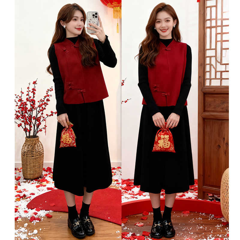 新年战袍新中式复古马甲连衣裙气质百搭两件套#048,女装/女士精品,时尚套装,淘宝优惠券,粉丝福利购,淘宝优惠卷