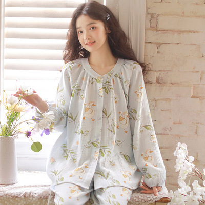 薄款纯棉纱布睡衣女长袖休闲慵懒印花长袖长裤睡衣女居家服套装