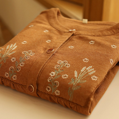 秋冬季睡衣女纯棉磨毛高工刺绣女士圆领复古开衫家居服长袖套装