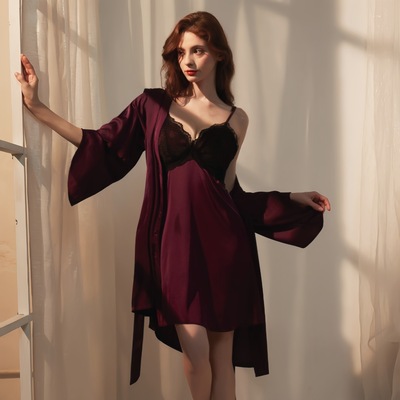 性感睡衣女2025新款夏季带胸垫感冰丝吊带睡裙家居服睡袍套装