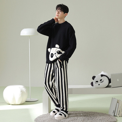 【软绵绵半边绒】秋冬季熊猫长袖睡衣加厚保暖男士撞色家居服套装