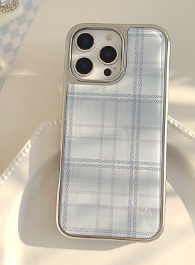 ins风蓝色格纹适用苹果17promax手机壳iphone13新款15pro女款14电镀银边框16小众简约15全包滴胶硬壳日韩风