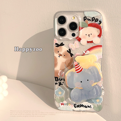 原创卡通涂鸦大象支架适用16苹果17ProMax手机壳iPhone13韩系12Pro软14Promax保护套14创意可爱闪粉15透明