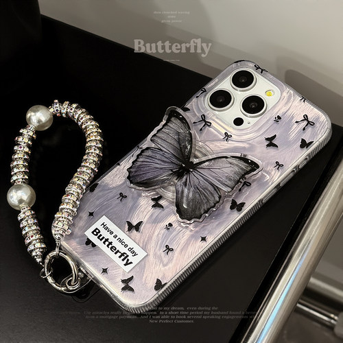 高级ins紫色蝴蝶支架适用16苹果17Pro Max手机壳iPhone13轻奢手链15新款羽纱14Pro镭射保护套14暗黑风11气质
