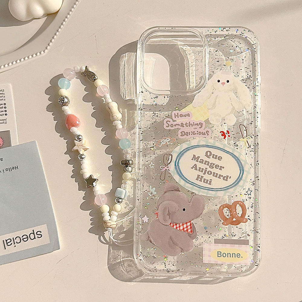 韩系ins闪粉可爱小象兔子插画适用苹果16promax手机壳iphone17新款15pro女款14透明11童趣卡通11少女心带挂绳
