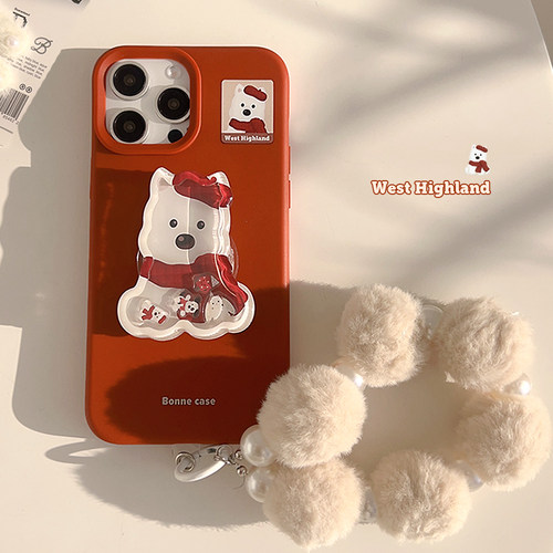 冬日圣诞卡通西高地摇摇乐支架适用苹果16promax手机壳iphone17新款15pro女款14创意可爱12硅胶16软壳毛绒绳