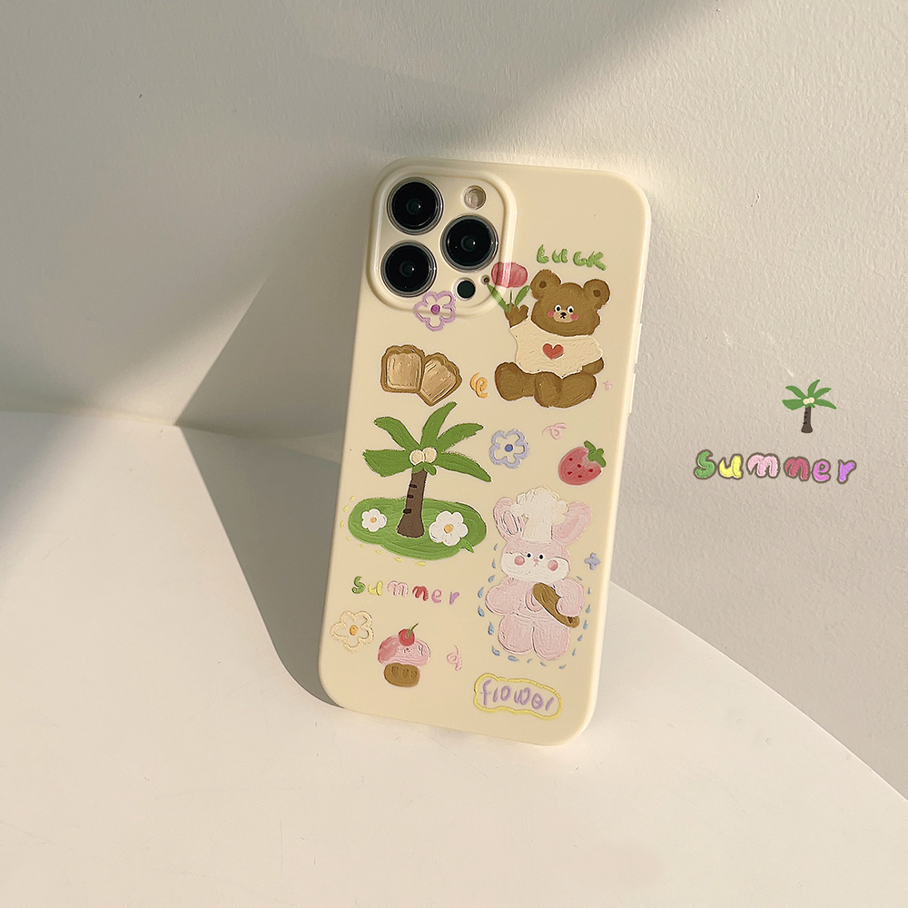 适用iphone17pro手机壳卡通椰树小熊15苹果13新款14pro max女12夏天可爱油画创意11全包16防摔软壳plus保护套