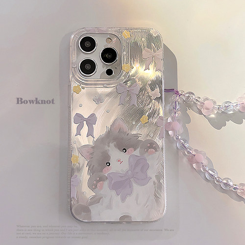 少女心ins紫色蝴蝶结猫咪适用苹果16Pro Max手机壳iPhone17韩风小众15plus新款12镭射保护套14超萌卡通11链条
