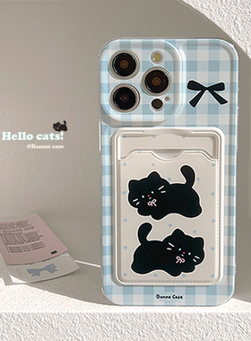 ins风蓝色格子卡通猫咪适用苹果15promax手机壳iphone17款14pro女款12日韩清新16创意网红11全包卡包套xr软
