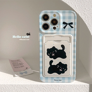 ins风蓝色格子卡通猫咪适用苹果15promax手机壳iphone17款 12日韩清新16创意网红11全包卡包套xr软 14pro女款
