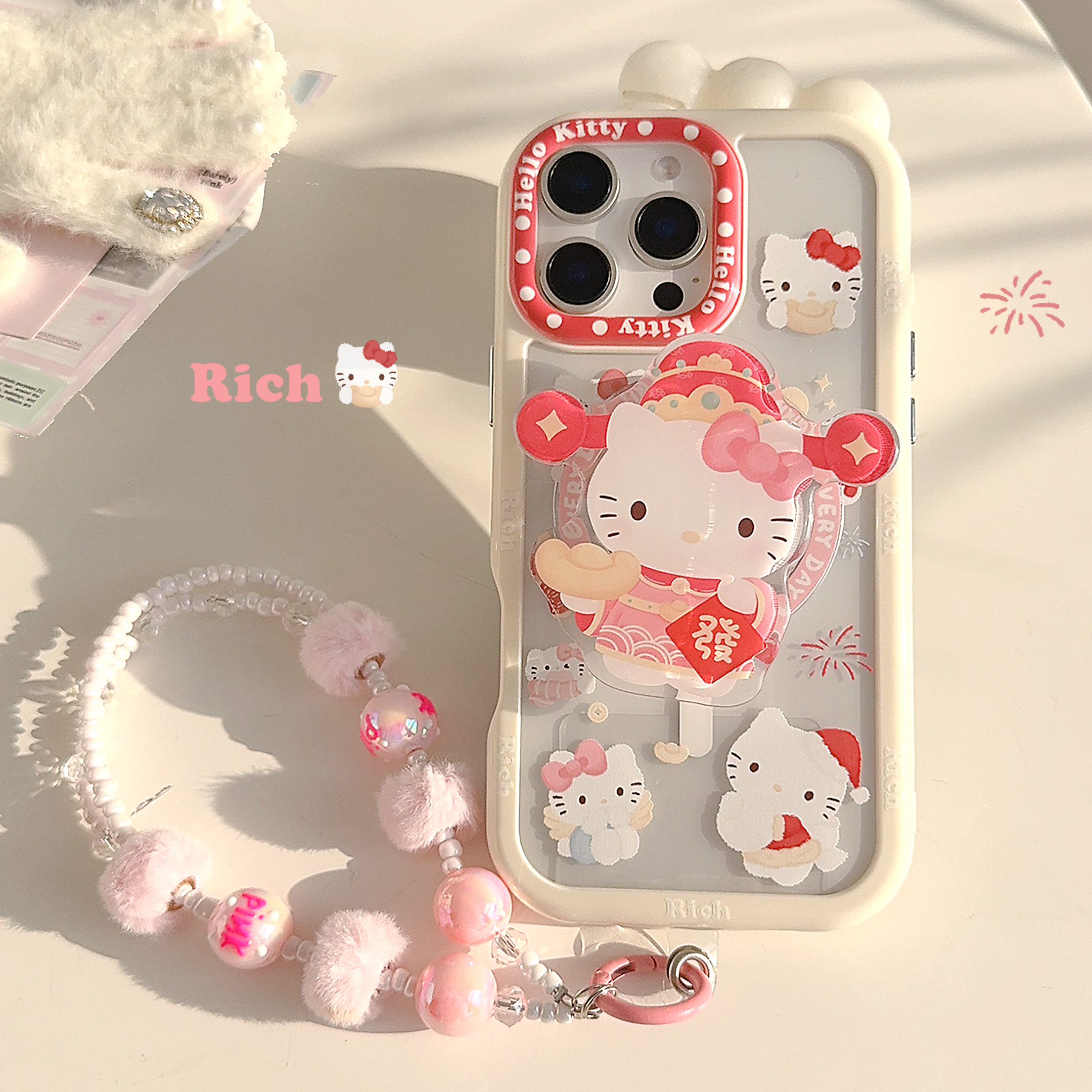 粉色财神kt猫咪磁吸支架适用16Pro Max苹果16手机壳iPhone15少女心国风12硬壳14亚克力透明15plus防摔带挂链